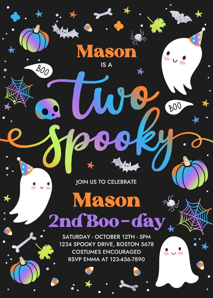 Two Spooky Ghost 2nd Birthday Invitation | Editable Canva Boy Halloween Invite