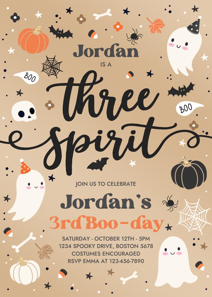 Three Spirit Ghost 3rd Birthday Invitation | Editable Boy Spooktacular Canva