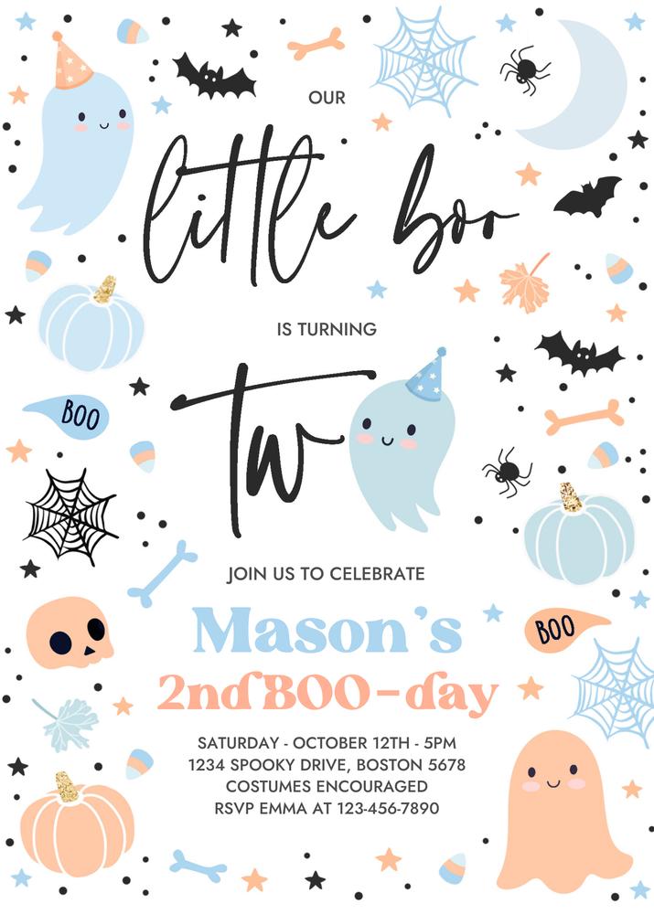 Little Boo 2nd Birthday Invitation | Editable Blue Ghost Halloween Invite G3