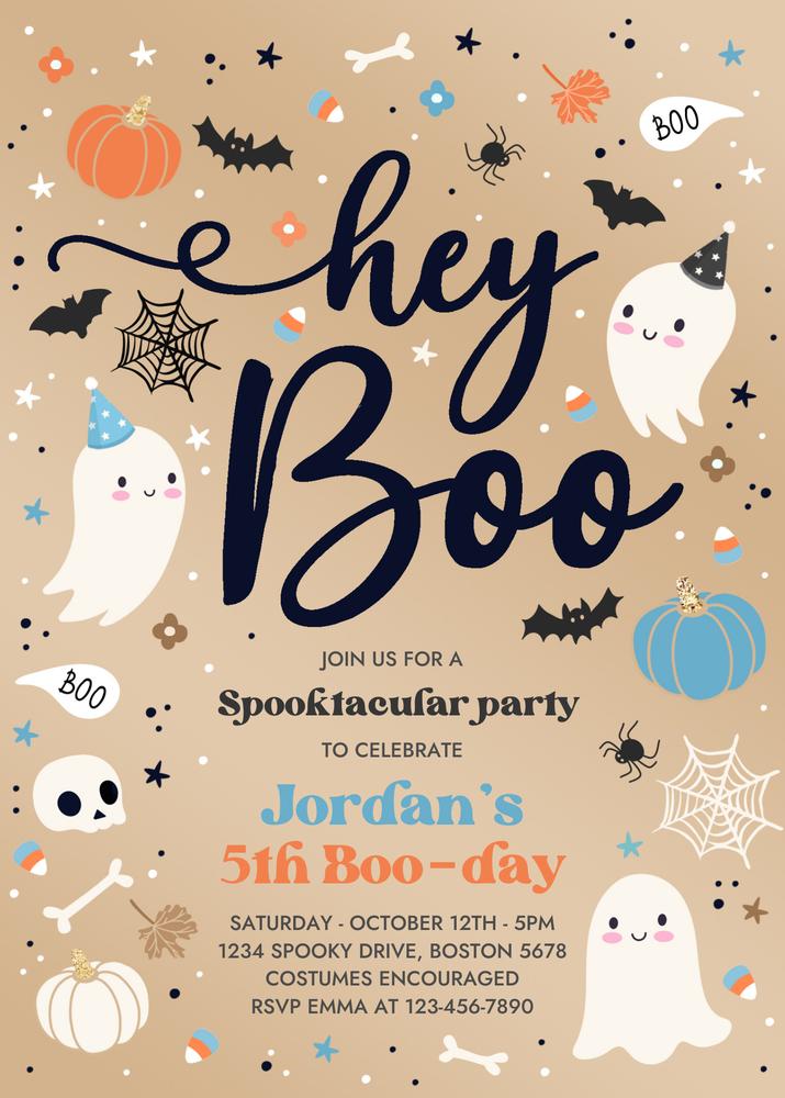 Editable Vintage Blue Ghost Birthday Invitation | Hey Boo Canva Template