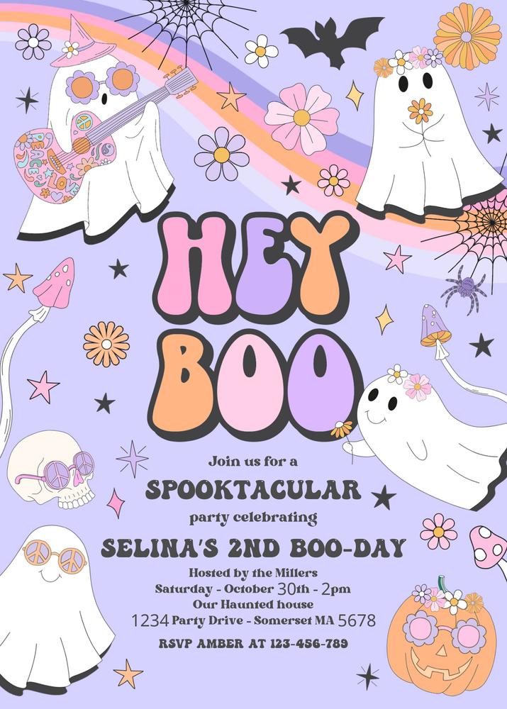 Editable Hey Boo Ghost Birthday Invitation | Retro Groovy Halloween Canva Template