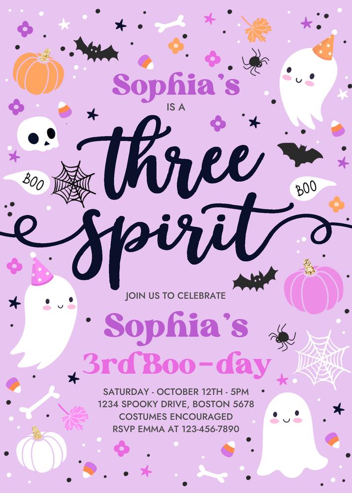 Three Spirit Ghost 3rd Birthday Invitation | Editable Purple Spooktacular Invite