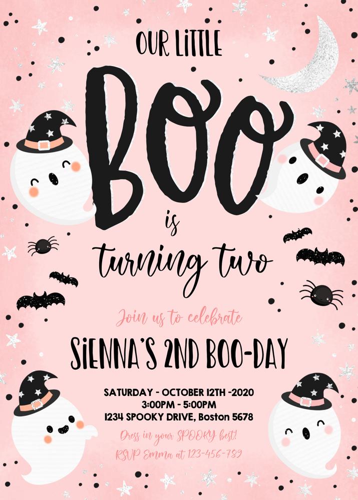 Our Little Boo is Turning Two Birthday Invitation | Peach Ghost Canva Template