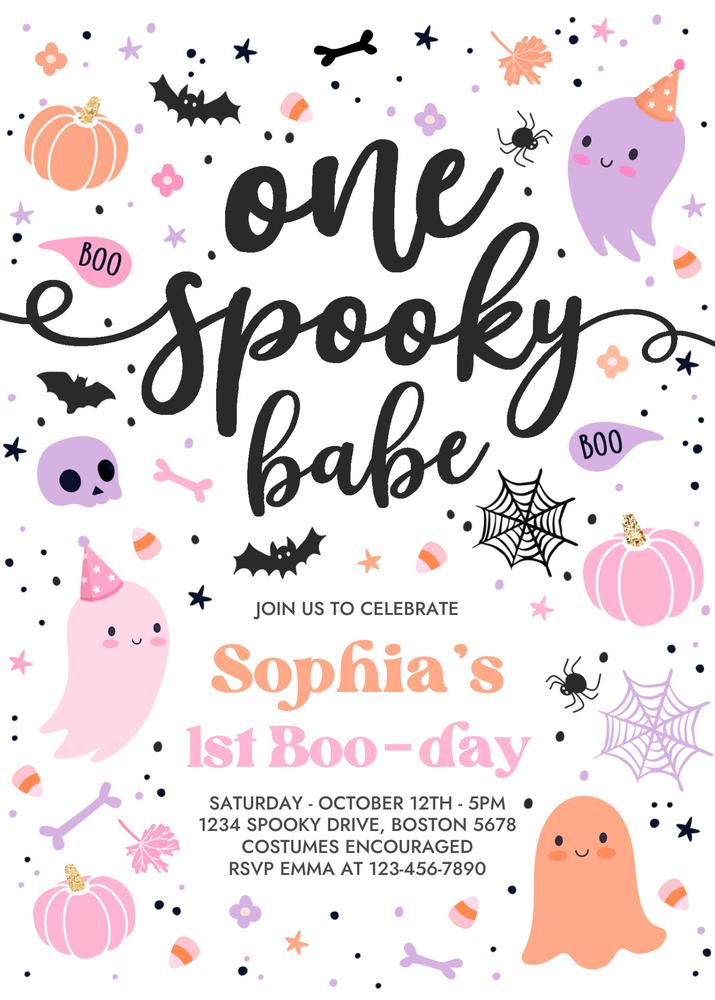 Pink Ghost 1st Birthday Invitation | Spooky Babe Editable Canva Template