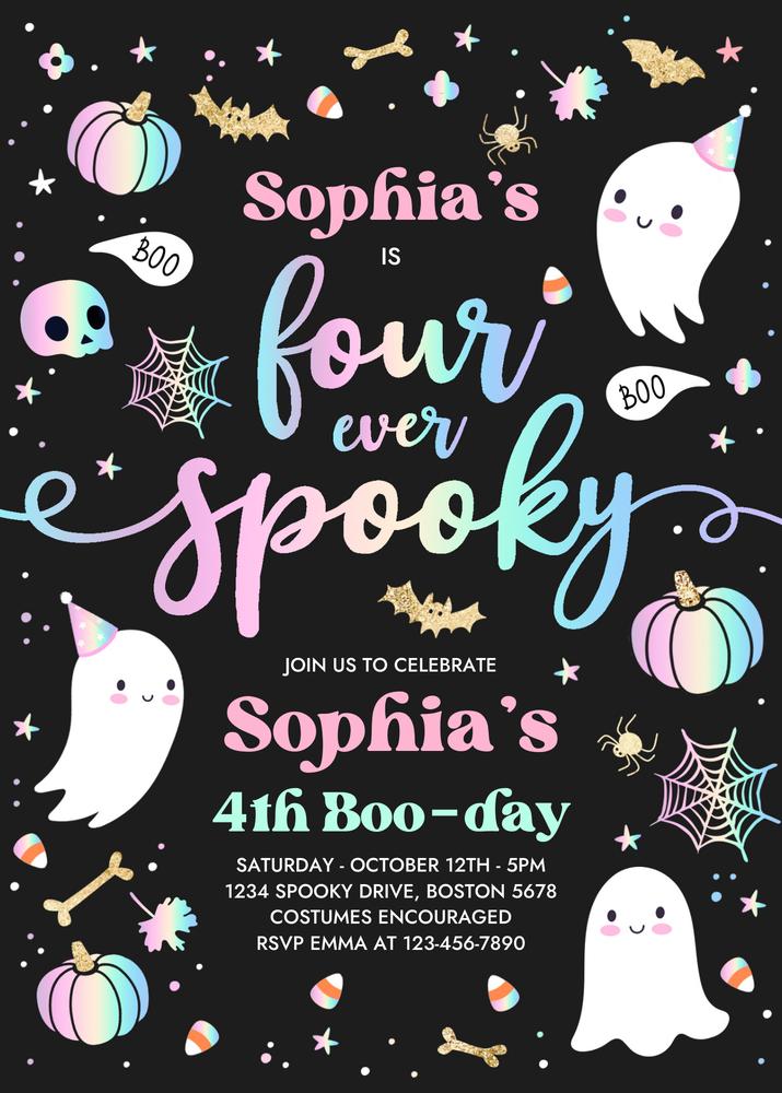 Four Ever Spooky Pink Ghost 4th Birthday Invitation | Editable Canva Template
