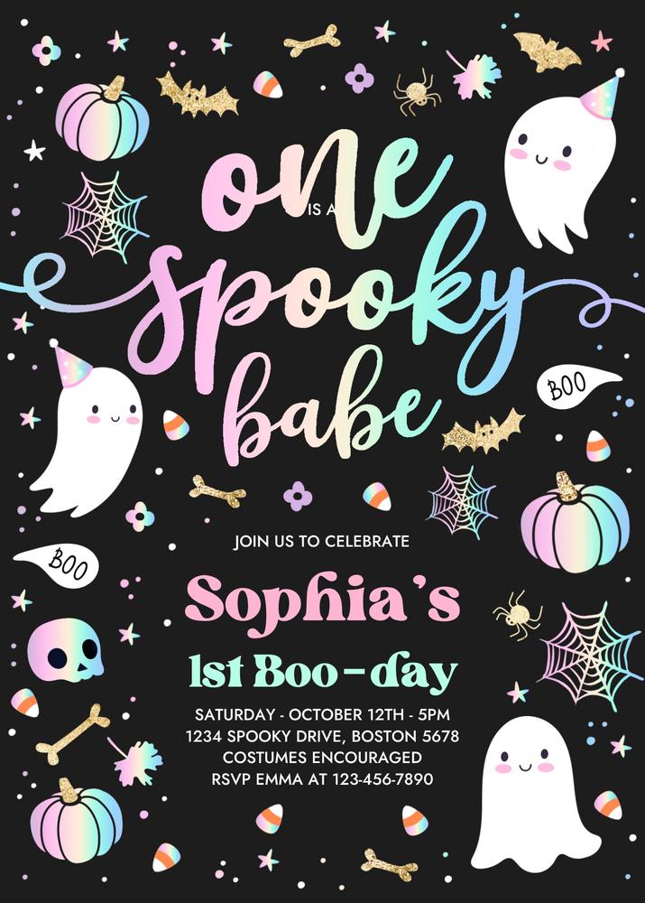 Editable One Spooky Babe Pink Ghost 1st Birthday Invitation Canva Template