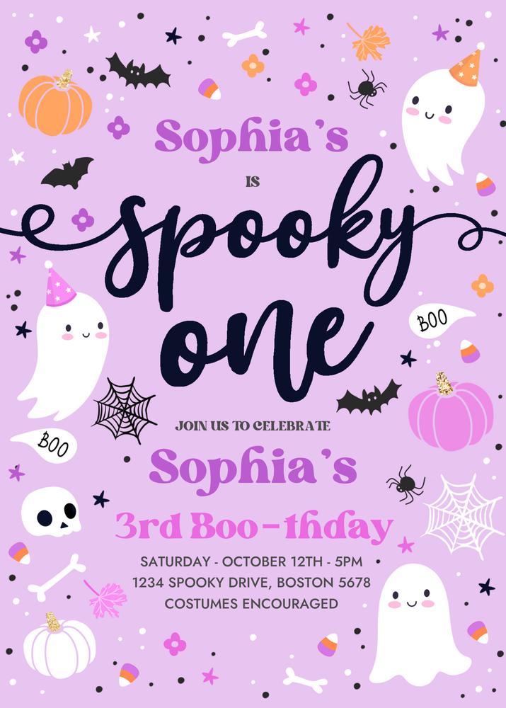 Spooky One 1st Birthday Invitation | Purple Ghost Canva Template | Editable