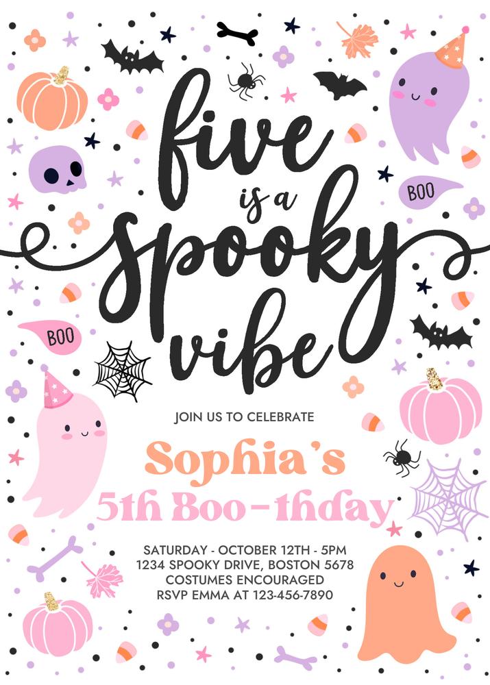 Five Is A Spooky Vibe 5th Birthday Invitation | Editable Canva Ghost Invite