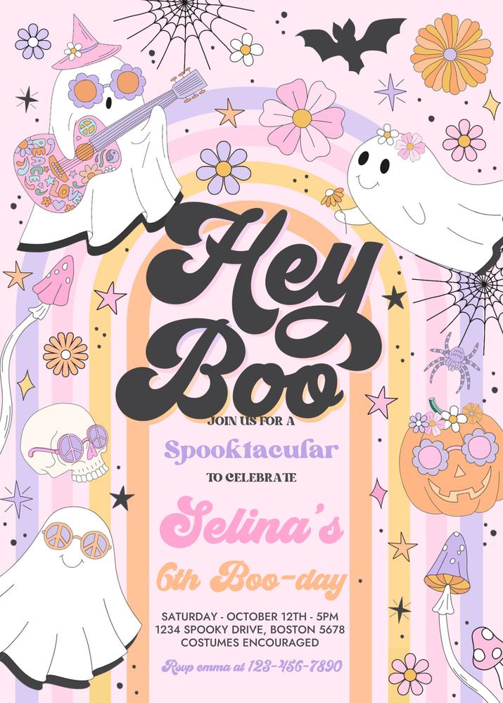 Editable Hey Boo Ghost Birthday Invitation | Retro Groovy Halloween Canva Template