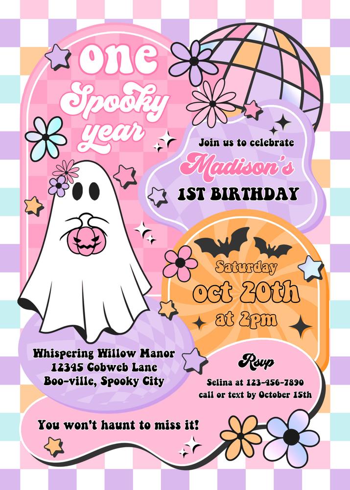 One Spooky Year Birthday Invitation | Editable Retro Groovy Ghost Canva Template