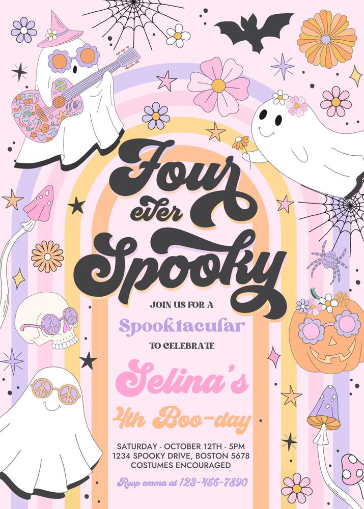 Four Ever Spooky Ghost 4th Birthday Invite | Retro Groovy Canva Template