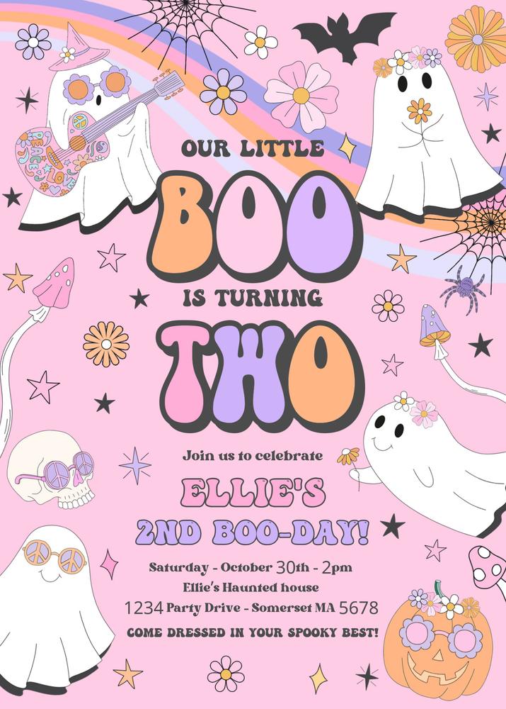 Editable Little Boo 2nd Birthday Invitation | Groovy Ghost Canva Template
