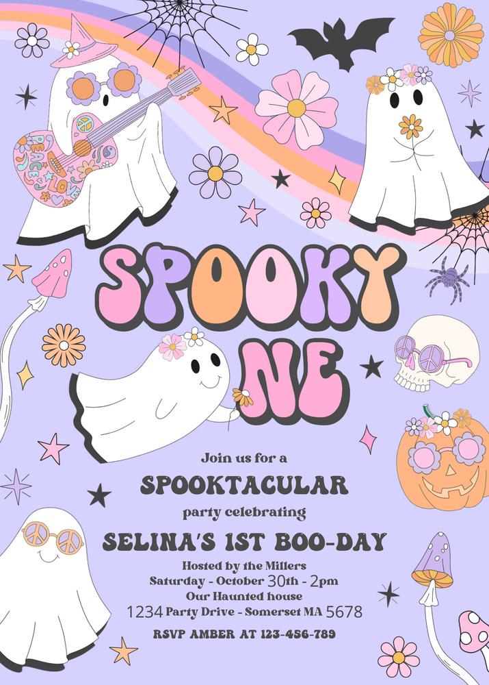 Spooky One 1st Birthday Invitation | Retro Groovy Ghost Canva Template