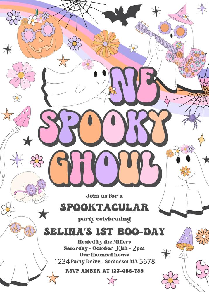 One Spooky Ghoul 1st Birthday Invitation | Retro Ghost Canva Template