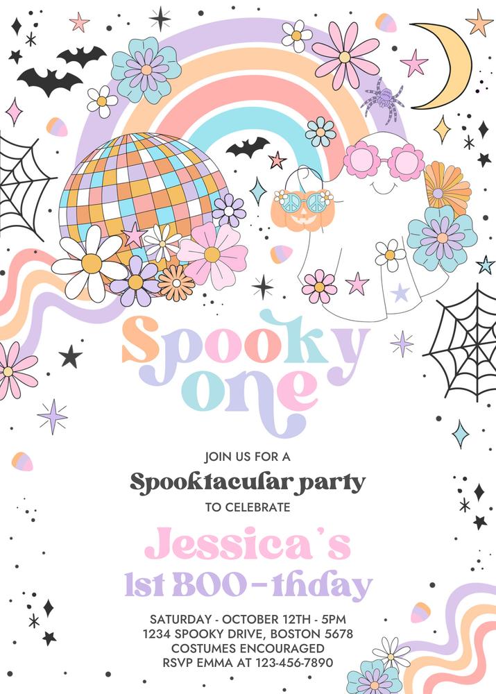 Spooky One 1st Birthday Invitation | Retro Rainbow Ghost Canva Template