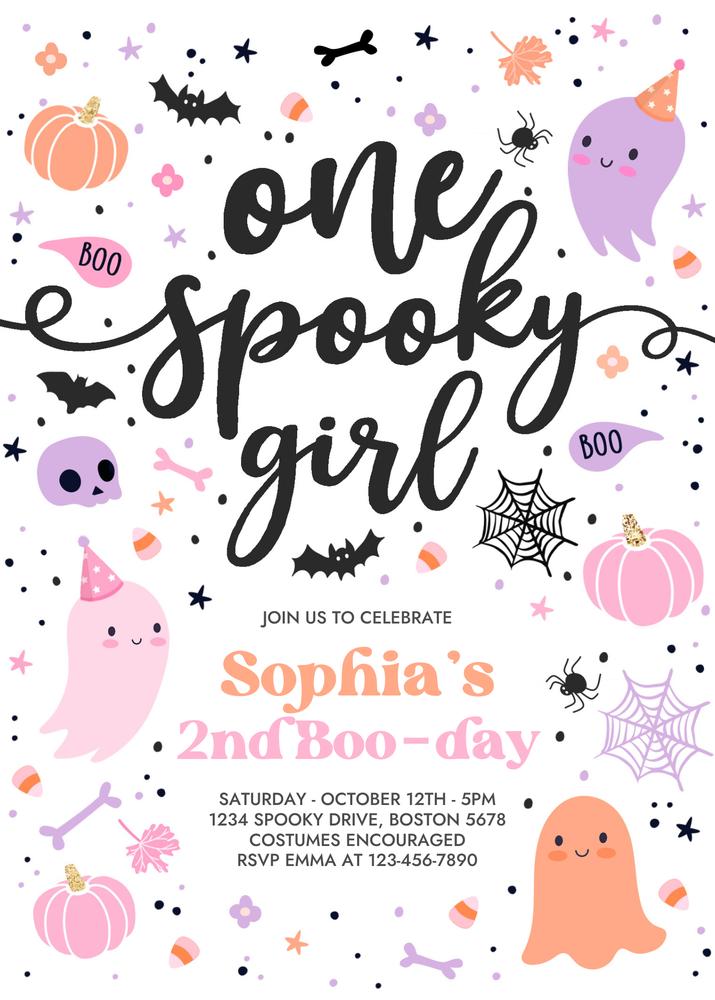 One Spooky Girl Pink Ghost 1st Birthday Invitation Canva Template