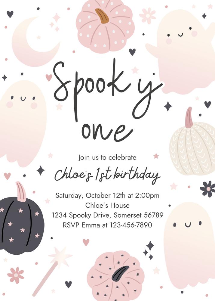 Spooky One Ghost 1st Birthday Invitation | Boho Groovy Halloween Canva Template