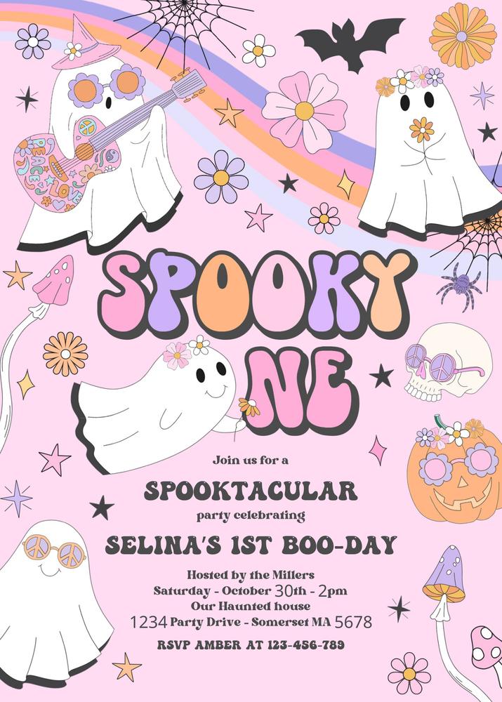 Editable Spooky One Ghost 1st Birthday Invitation | Retro Groovy Canva Template
