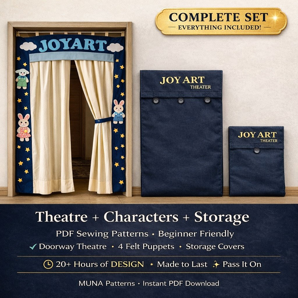 oyArt Complete Set PDF sewing pattern bundle — doorway puppet theatre, felt Easter character puppets and storage cover pouches by MUNA Patterns
