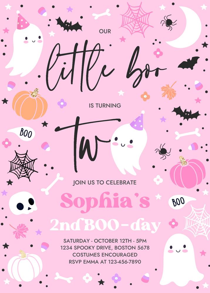 Pink Little Boo 2nd Birthday Invitation | Editable Ghost Halloween Invite