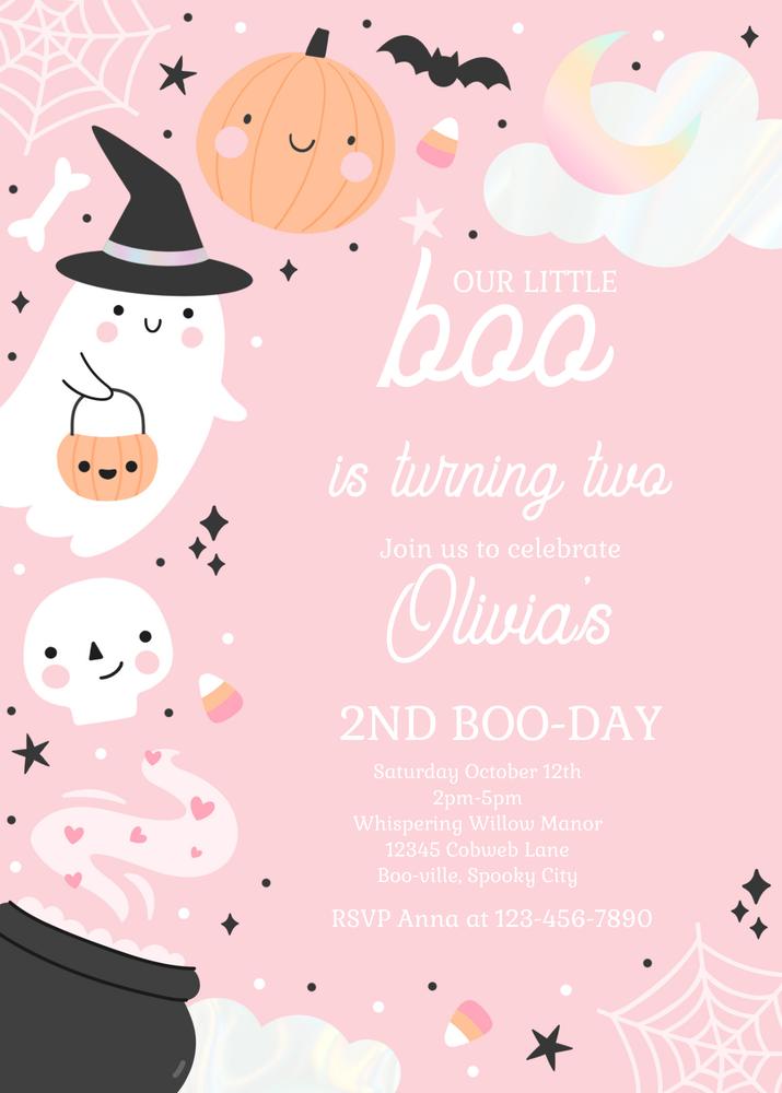 Little Boo Ghost 2nd Birthday Invitation | Boho Groovy Halloween Canva Template