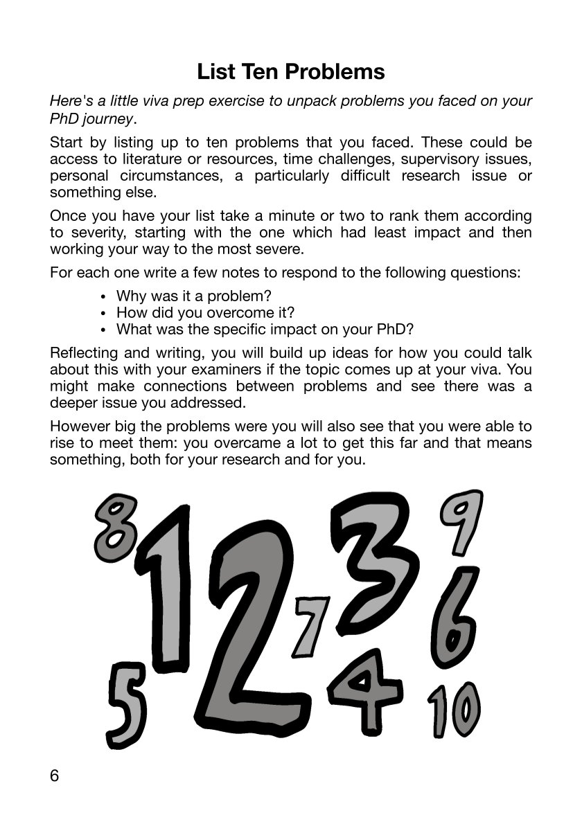 Page 6 of Viva Survivors Select 09, titled List Ten Problems; approx half the page is a blog post and at the bottom is a black and white illustration showing numbers from 1 to 10 of various sizes and shades.