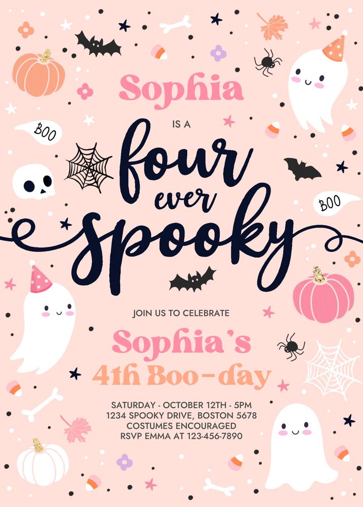 Four Ever Spooky Pink Ghost 4th Birthday Invitation | Editable Canva Template
