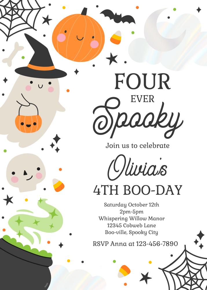 Four Ever Spooky Ghost 4th Birthday Invitation | Editable Canva Template