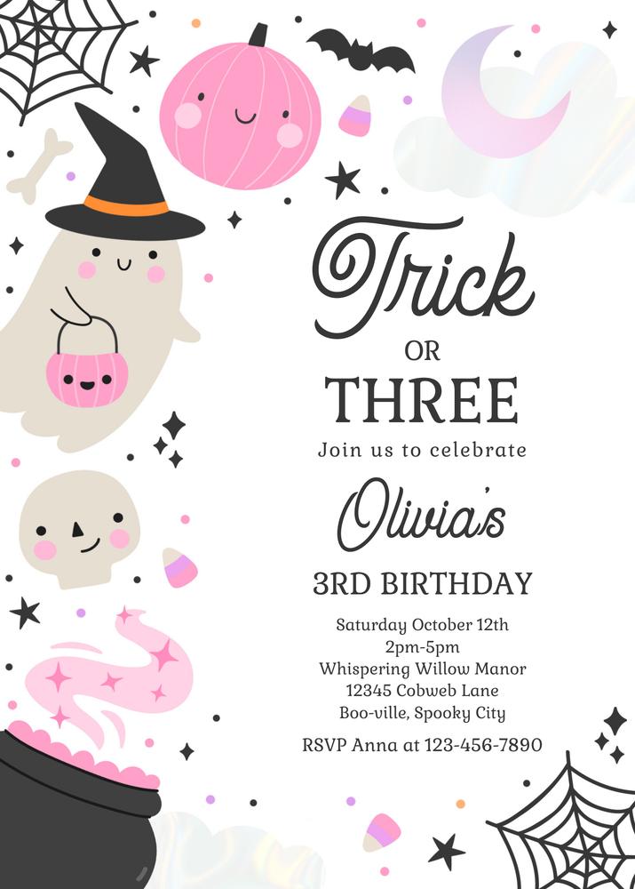 Trick or Three Ghost 3rd Birthday Invitation | Editable Halloween Canva Template