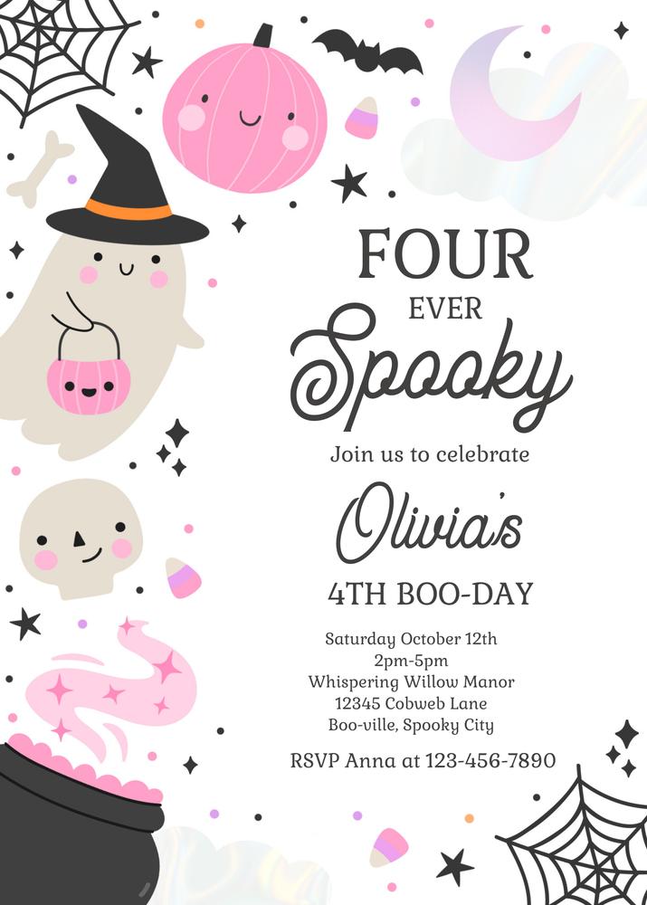 Four Ever Spooky Ghost 4th Birthday Invitation | Editable Boho Groovy Canva