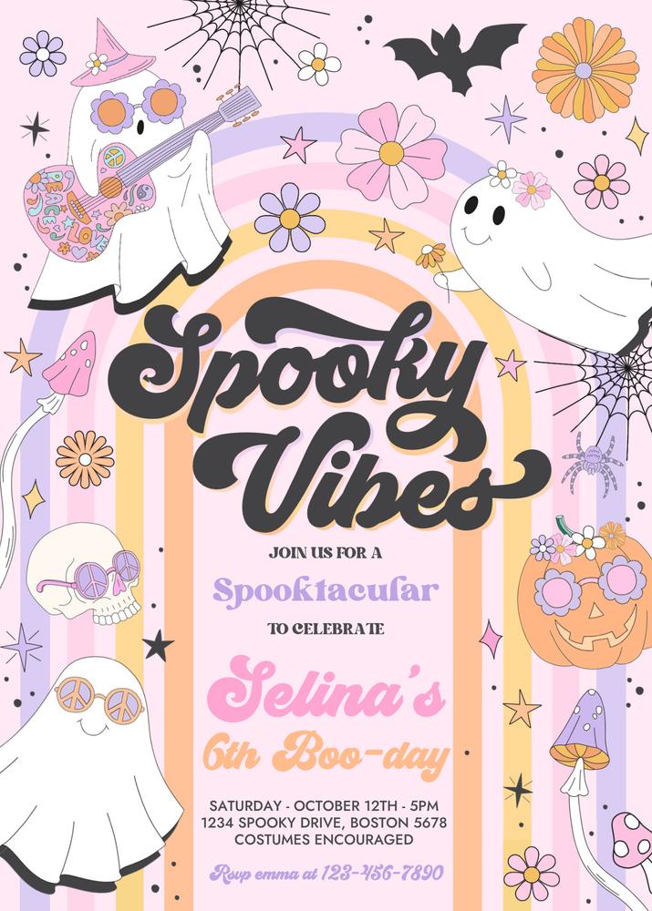Retro Groovy Ghost Birthday Invitation | Editable Canva Template Spooky Vibes
