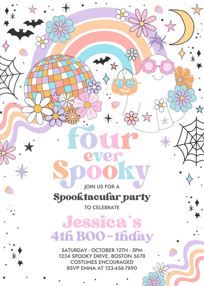 Retro Four Ever Spooky Ghost 4th Birthday Invitation Canva Template