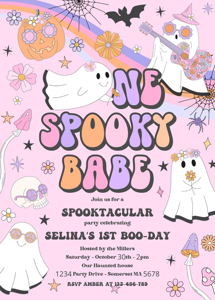 One Spooky Babe 1st Birthday Invitation | Retro Groovy Ghost Canva Template