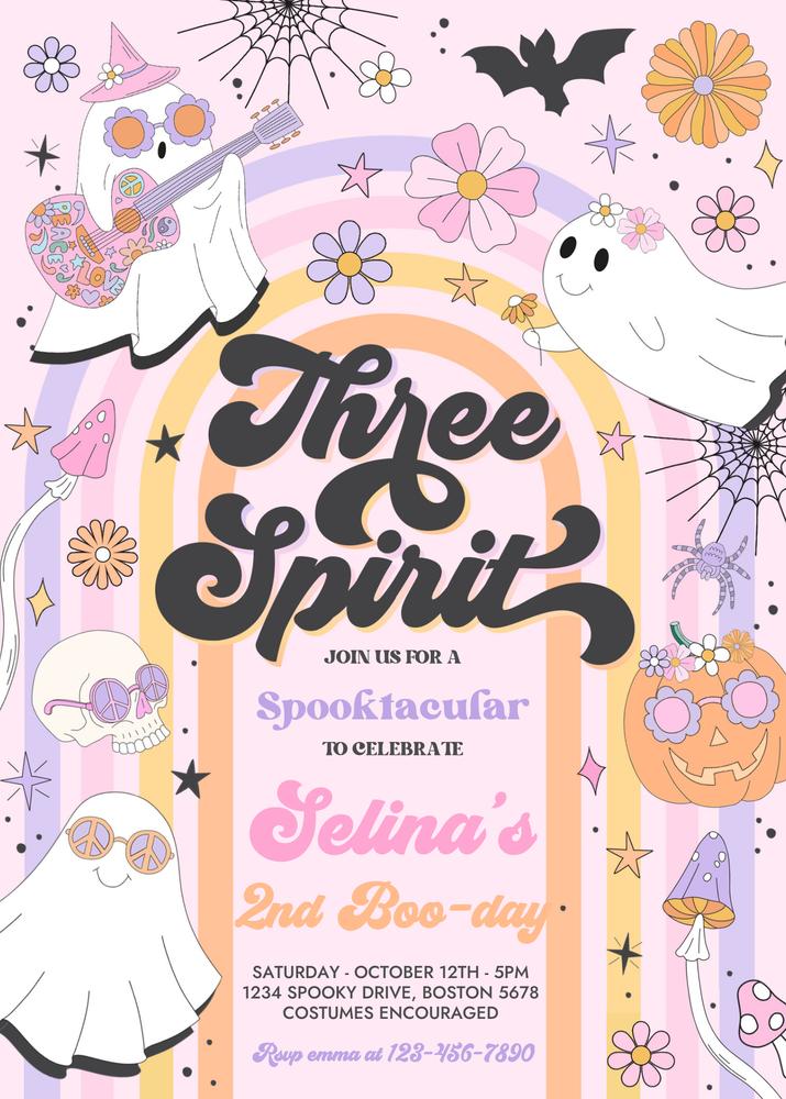 Three Spirit Halloween Ghost 3rd Birthday Invitation | Groovy Canva Template