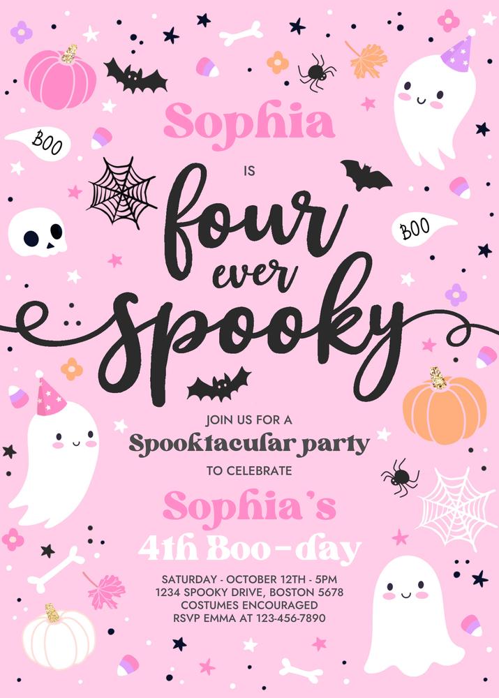 Four Ever Spooky Pink Ghost 4th Birthday Invitation | Editable Canva Template