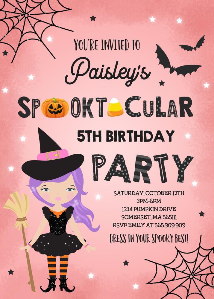 Girls Pink Witch Halloween Birthday Invitation | Editable Canva Template