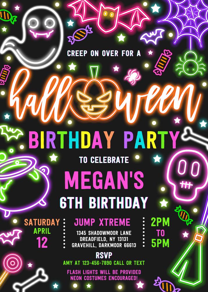 Glow in the Dark Halloween Birthday Invitation | Editable Canva Neon Party Template