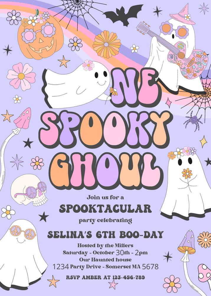 Editable One Spooky Ghoul 1st Birthday Invite | Groovy Ghost Retro Halloween