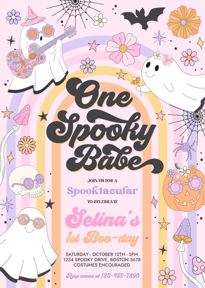 One Spooky Babe 1st Birthday Invitation | Groovy Retro Ghost Canva Template