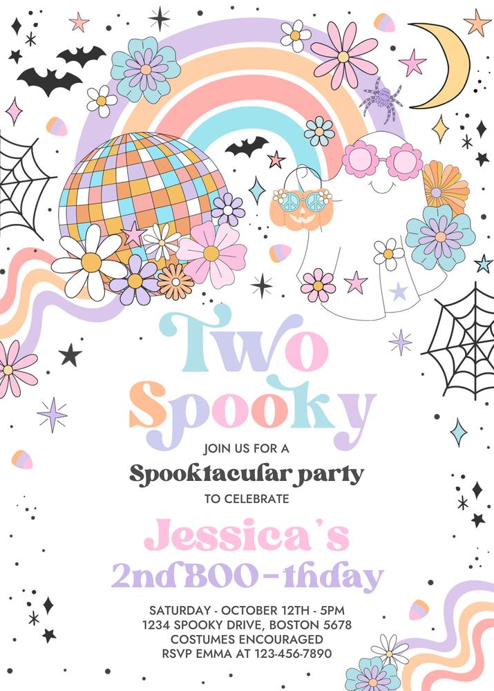 Two Spooky Ghost 2nd Birthday Invitation | Retro Groovy Canva Template