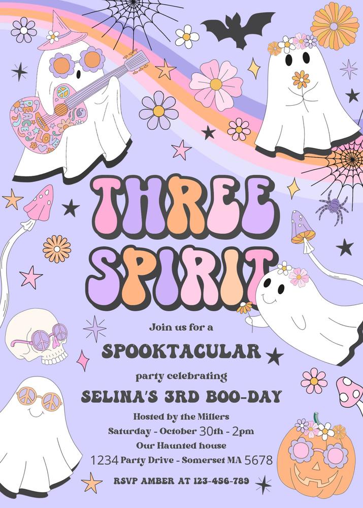 Three Spirit Ghost 3rd Birthday Invitation | Retro Groovy Halloween Canva V7