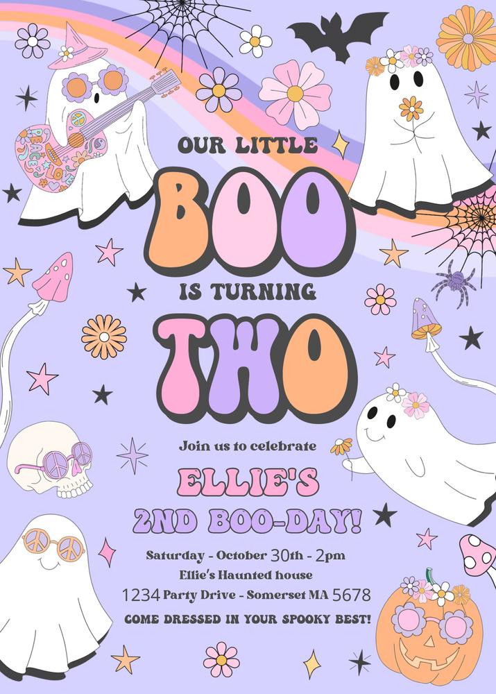 Editable Little Boo 2nd Birthday Invitation | Groovy Ghost Retro Halloween V7