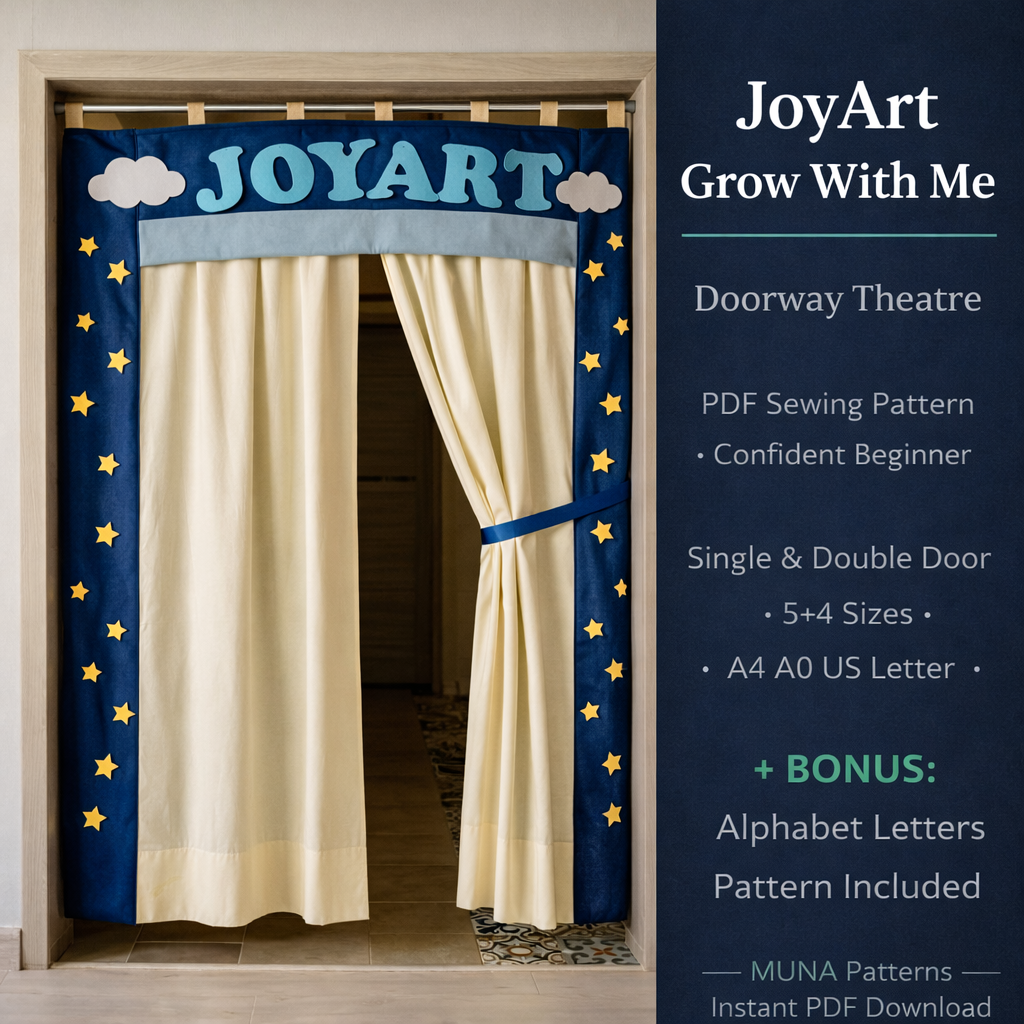 JoyArt Grow With Me doorway puppet theatre PDF sewing pattern — single and double door sizes by MUNA Patterns