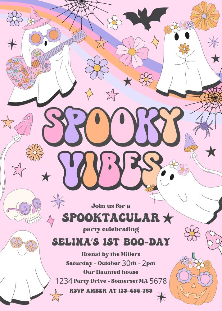 Retro Groovy Ghost Birthday Invitation | Editable Canva Halloween Invite