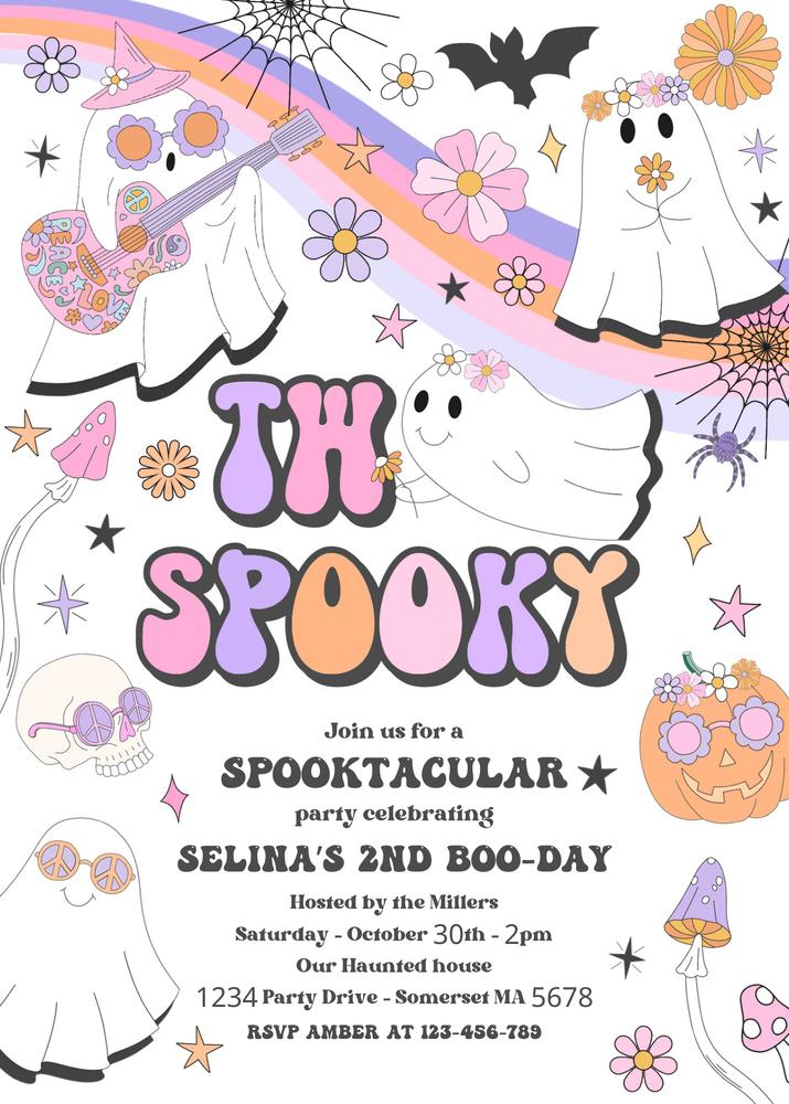 Two Spooky Ghost 2nd Birthday Invitation | Retro Groovy Halloween Canva Template