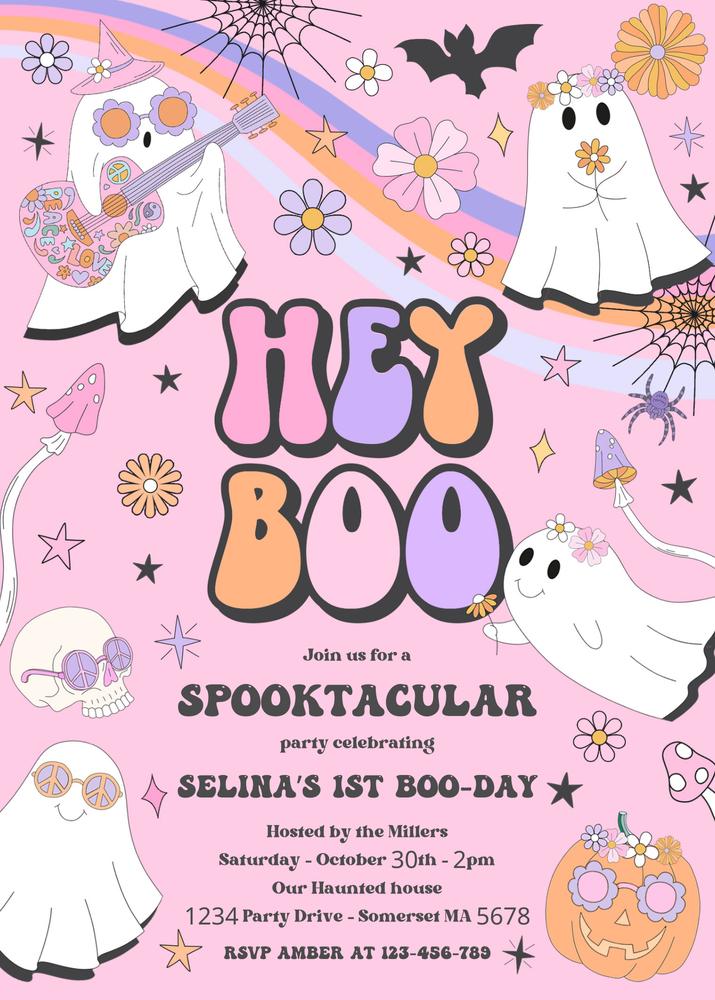Editable Retro Halloween Ghost Birthday Invitation | Groovy Hey Boo Canva Template