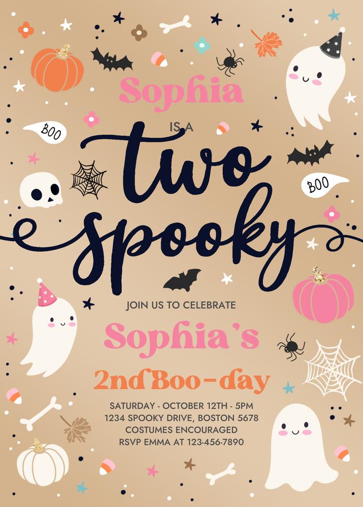 Two Spooky Vintage Pink Ghost 2nd Birthday Invitation | Editable Canva Template