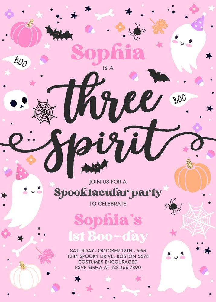 Editable Pink Ghost 3rd Birthday Invitation | Three Spirit Halloween Spooktacular