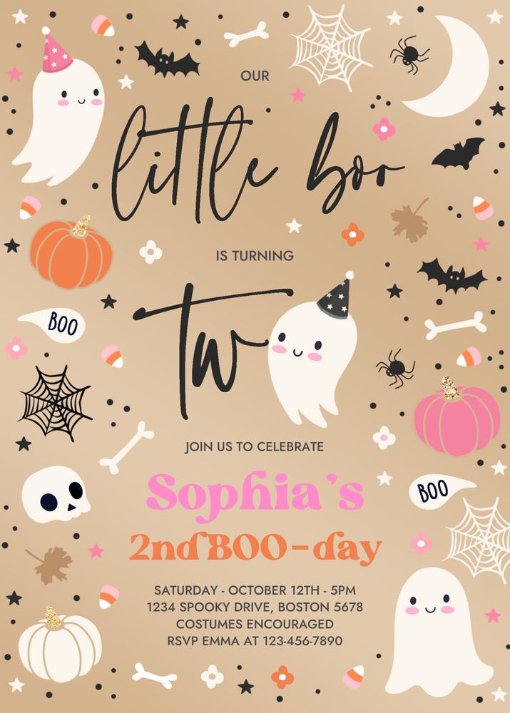 Editable Pink Ghost 2nd Birthday Invitation | Little Boo Halloween Invite