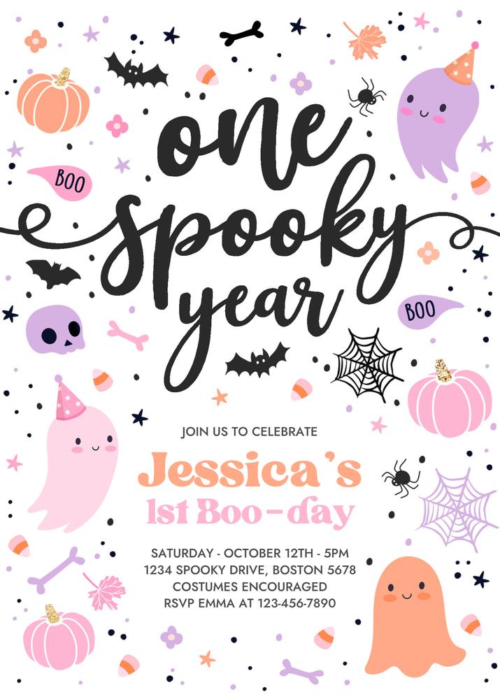 Pink Ghost First Birthday Invitation | Spooky One Editable Canva Template